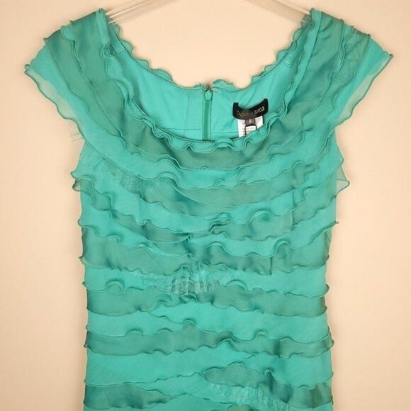 Tadashi Shoji NEW Seafoam Ruffle Cocktail Dress Short Sleeve Green Size 8 - Picture 2 of 12